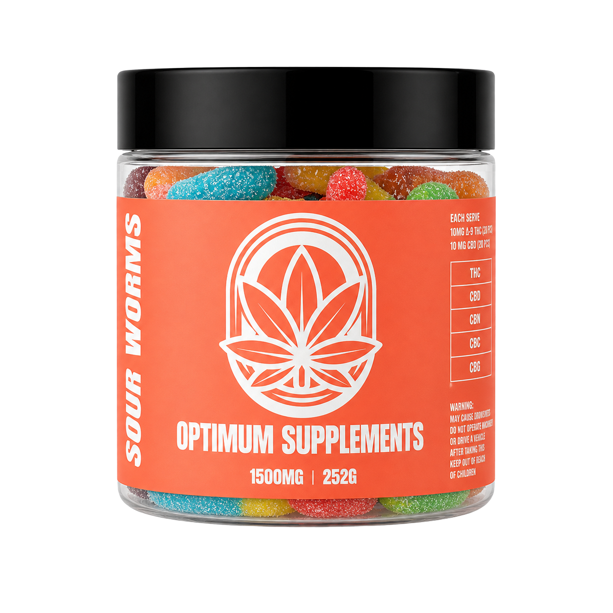 Optimum Supplements Sour Worm Gummies 1500mg 252g jar