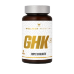 GHK-Cu copper peptide supplement capsules with L-glutamine designed for recovery support, cellular health pathways, and daily wellness nutrition.