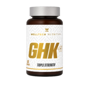GHK-Cu copper peptide supplement capsules with L-glutamine designed for recovery support, cellular health pathways, and daily wellness nutrition.