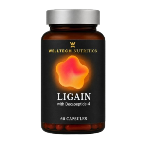 Ligain Welltech performance supplement capsules with zinc, amino acids, and plant compounds designed to support strength training, recovery, and athletic performance.