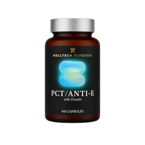 Welltech PCT AE capsule supplement with chrysin, daidzein, and zinc gluconate designed for daily nutritional support and general wellbeing.