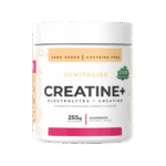 Raspberry Creatine+ supplement with creatine monohydrate and electrolytes for strength, hydration, recovery, and performance support