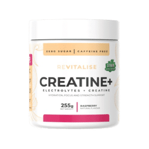 Raspberry Creatine+ supplement with creatine monohydrate and electrolytes for strength, hydration, recovery, and performance support
