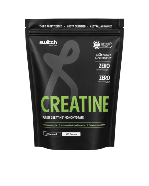 Switch Nutrition Purest Creatine Monohydrate unflavoured creatine pouch with 167 serves, available from Activ Nutrition.