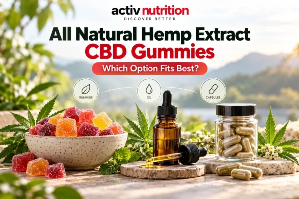 Activ Nutrition graphic comparing CBD gummies, hemp oil and capsules, featuring colourful gummies, an amber dropper bottle and capsules surrounded by hemp leaves.