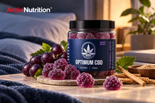 Optimum CBD Grape Burst gummies in a jar with purple fruit and botanical ingredients, featured by Activ Nutrition Australia.