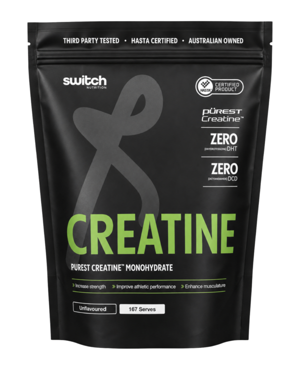 Switch Nutrition Purest Creatine Monohydrate unflavoured creatine pouch with 167 serves, available from Activ Nutrition.
