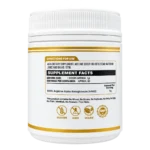 Back of Alpha Genetics AAKG 150g unflavoured powder showing supplement facts, arginine alpha-ketoglutarate ingredients and directions for use.