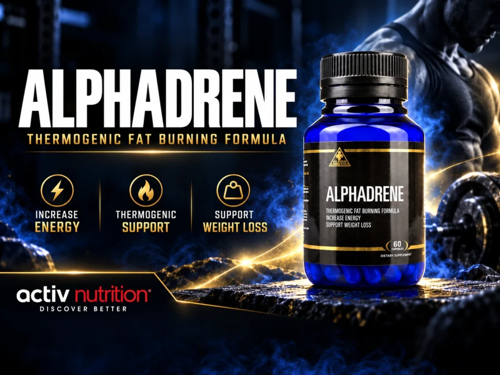 AlphaDrene fat burner supplement in a blue bottle with black and gold packaging, featured alongside thermogenic support and energy messaging from Activ Nutrition.