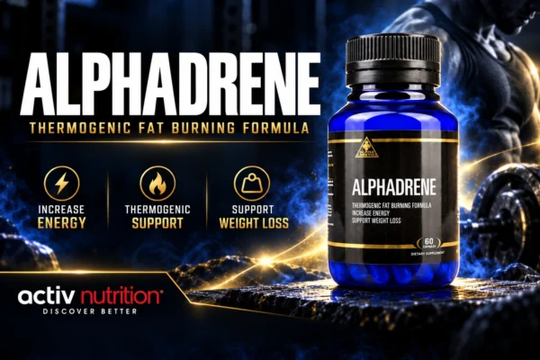 AlphaDrene fat burner supplement in a blue bottle with black and gold packaging, featured alongside thermogenic support and energy messaging from Activ Nutrition.