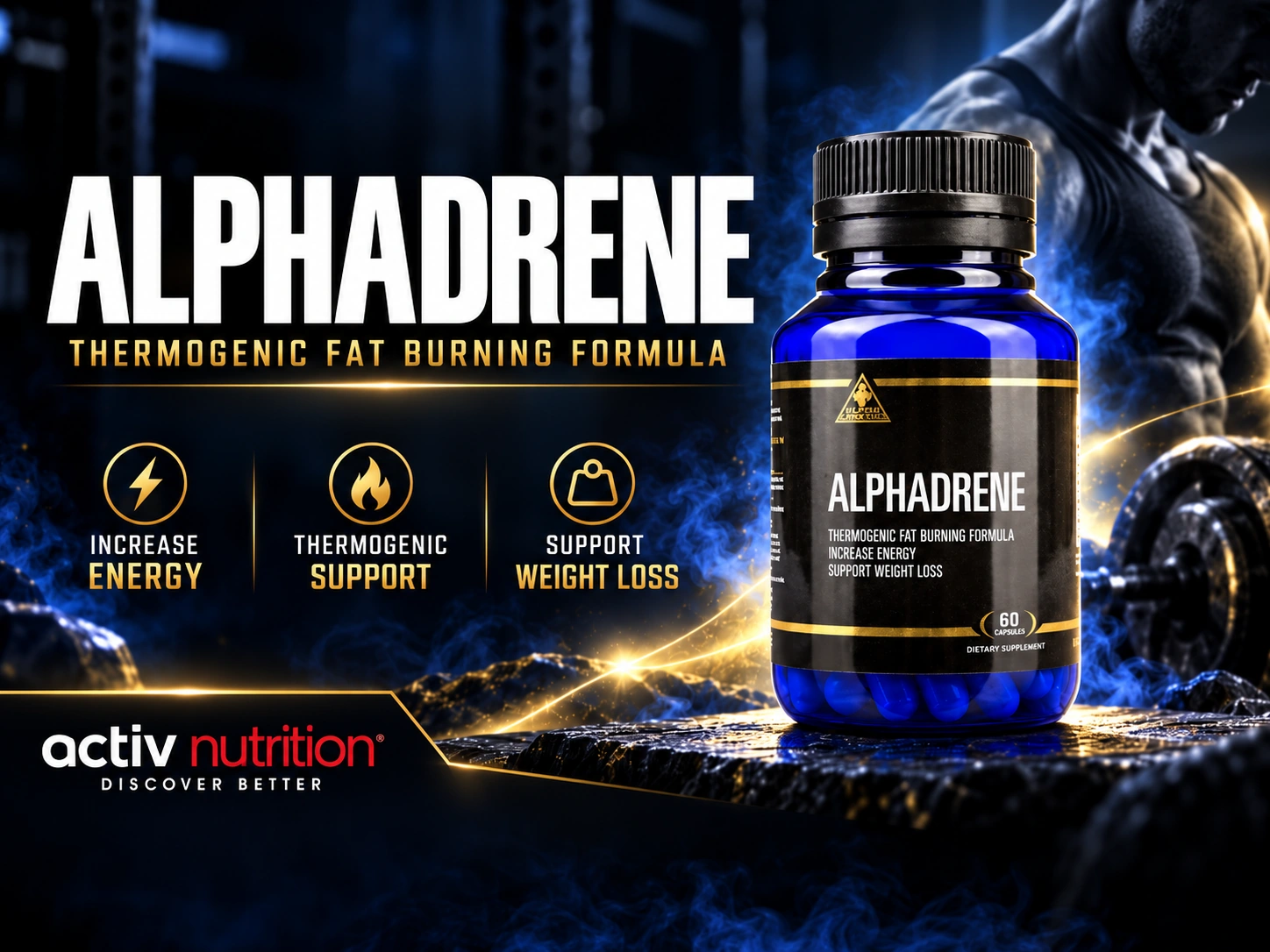 AlphaDrene fat burner supplement in a blue bottle with black and gold packaging, featured alongside thermogenic support and energy messaging from Activ Nutrition.