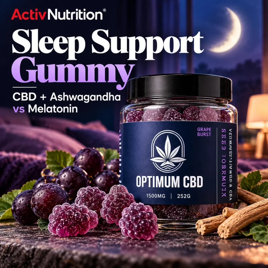 Optimum CBD Grape Burst Sleep Support Gummies with 1500mg CBD isolate and ashwagandha, featured in an Activ Nutrition sleep support comparison with melatonin. 