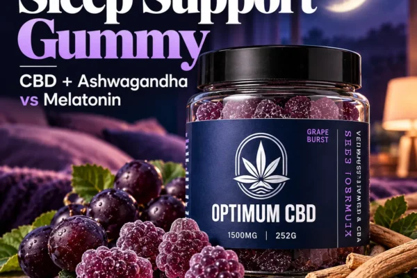 Optimum CBD Grape Burst Sleep Support Gummies with 1500mg CBD isolate and ashwagandha, featured in an Activ Nutrition sleep support comparison with melatonin. 