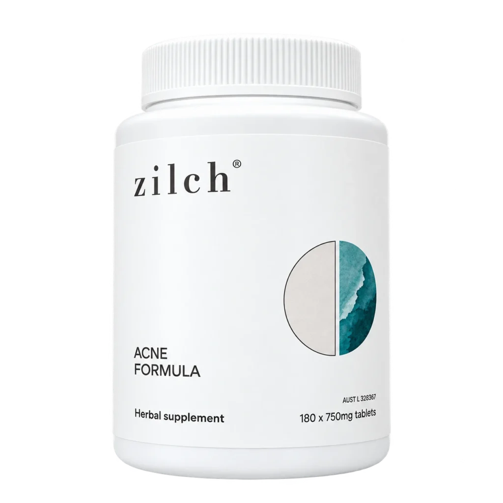 Zilch Acne Formula 180-tablet herbal supplement bottle, front view.