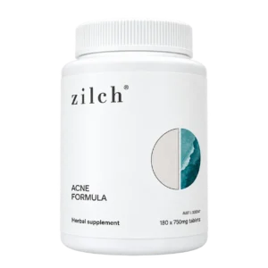 Zilch Acne Formula 180-tablet herbal supplement bottle, front view.